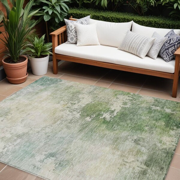Homeroots 10' X 14' Artichoke Green And Ivory Abstract Washable Indoor Outdoor Area Rug 605505 - main