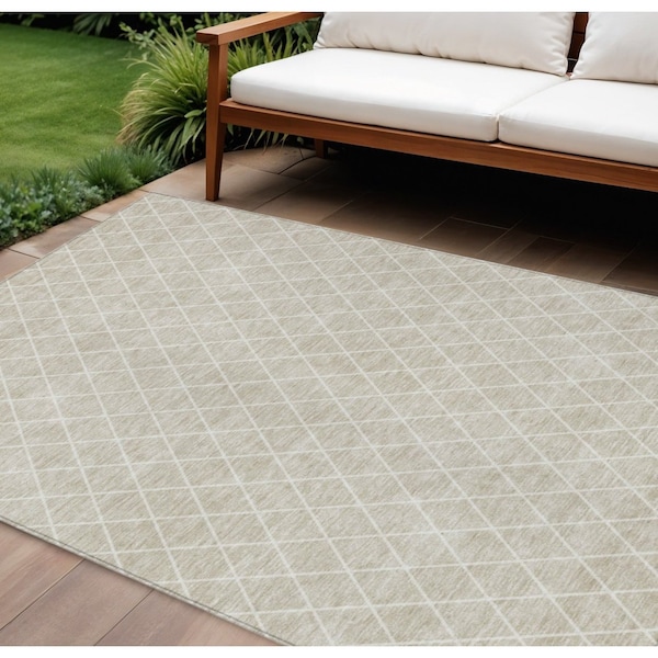 Homeroots 10' X 14' Beige And Ivory Geometric Washable Indoor Outdoor Area Rug 596080 - main