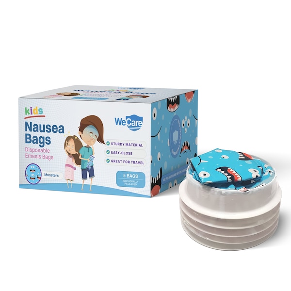 Wecare Kids Emesis Bags For Nausea and Motion Sickness, Individually Wrapped, 5 Pack, Monster Print, 5PK WMN100188 - main