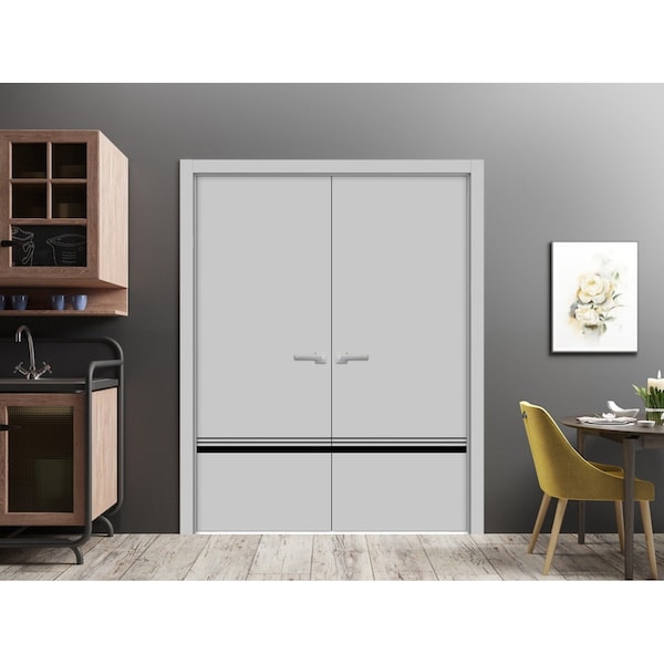 Sartodoors Solid French Double Doors, Planum 0012 Matte Grey and Aluminum Strips, Wood Solid Panel Frame Trims PLANUM0012DD-GRE-4896 - main