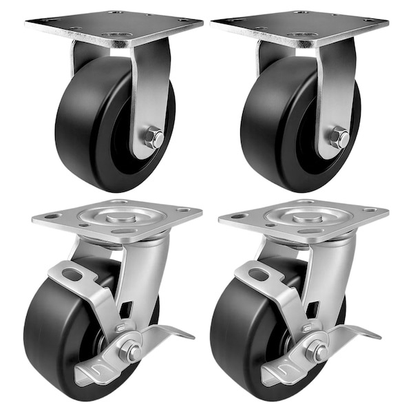 Hyw Products Heavy Duty Caster Set 5in Plastic Wheels, 2 Rigid & 2 Swivel with Brake, 4PK 40-50R-A1-HP-2,40-50S-A1-HP-TB-2 - main