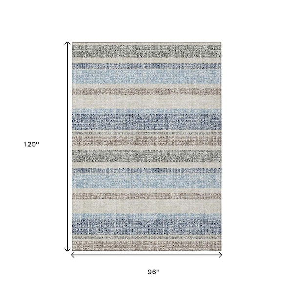 Homeroots 8' X 10' Navy Blue And Beige Striped Washable Indoor Outdoor Area Rug 632230 - main
