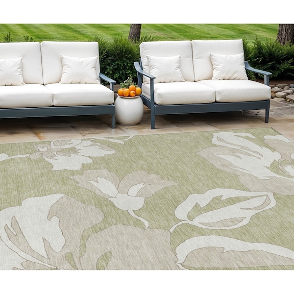 Homeroots 10' X 14' Artichoke Green Ivory And Taupe Floral Washable Indoor Outdoor Area Rug 589523 - main