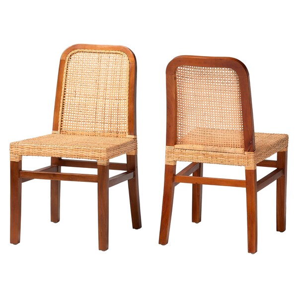 Baxton Studio Caspia MidCentury Modern Walnut Brown Mahogany Wood and Natural Rattan 2Piece Dining Chair Set 211-2PC-12760-ZORO - main