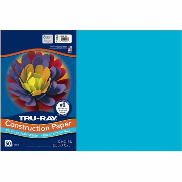 Pacon Tru-Ray® Construction Paper, Atomic Blue, 12" x 18", 50 Sheets/Pk, PK3 103401 - main