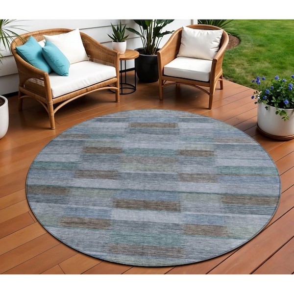 Homeroots 8' Blue Denim Blue And Brown Round Striped Washable Indoor Outdoor Area Rug 615478 - main
