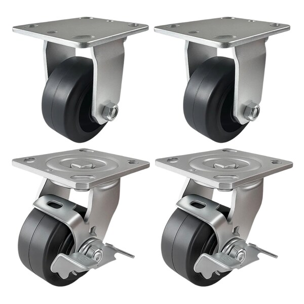 Hyw Products Heavy Duty Caster Set 4in Rubber on Cast Iron Wheels, 2 Rigid & 2 Swivel with Brake, 4PK 40-40R-A1-RC-2,40-40S-A1-RC-TB-2 - main