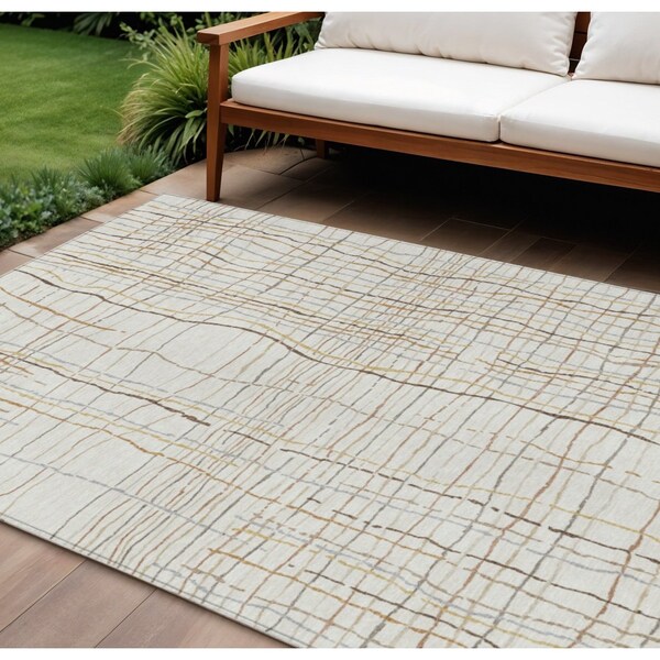 Homeroots 9' X 12' Ivory Brown And Gold Striped Washable Indoor Outdoor Area Rug 597401 - main