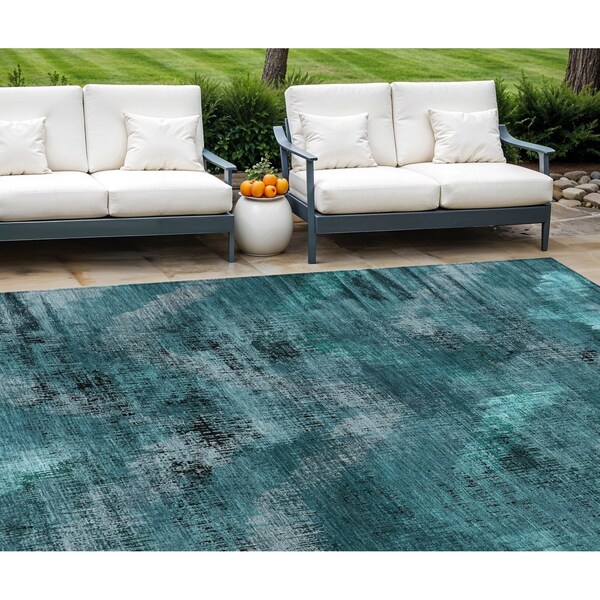 Homeroots 8' X 10' Teal Blue Aqua And Gray Abstract Washable Indoor Outdoor Area Rug 587155 - main