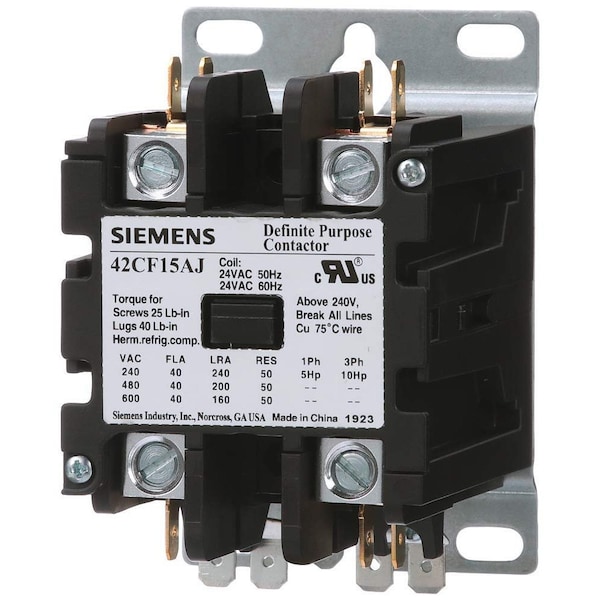 Siemens Definite Purpose Contactor, 40A, 2-Pole, Open Type, 120V Coil 42CF15AF - main