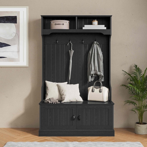 Flash Furniture Fraser 40" Wide Hall Tree with Double Door Storage Bench, Coat Rack with 4 Black Double Hooks, and 2 Upper Storage Cubbies in Black NAN-FY-HY-HT04-BLK-GG - main