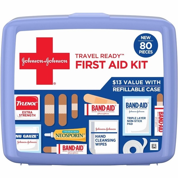 Johnson & Johnson Travel Ready First Aid Kit - 80 x Piece(s) - 5.5in Height x 6.3in Width x 1.7in Depth - Plastic 202068 - main
