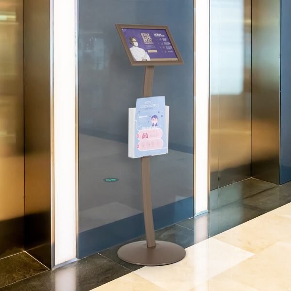 M&T Displays Earth Color 8.5 x 11 Inch Pedestal Sign Holder with Clear Brochure Holder Menu Board Floor Standing UCUMB31581X9002 - main