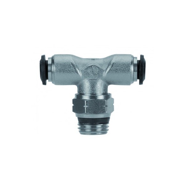 Usa Industrials Push to Connect Tube Fitting, Nickel Plated Brass w/ Plastic Release Ring, Male Branch Tee ZUSA-TF-PTC-NPBR-143 - main