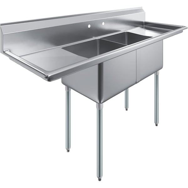 Amgood 72 in. x 23.5 in. Stainless Steel Two Compartment Sink with 18 in. x 18 in. Bowls and Left and Right Drainboards SINK S2C-181812-18LR-NF-Z - main