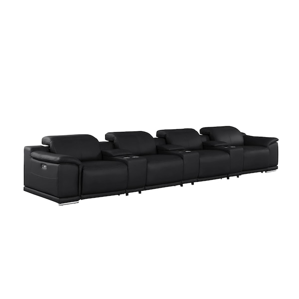 Homeroots 175" Black Top Grain Leather Reclining USB Sofa And Storage 643708 - main