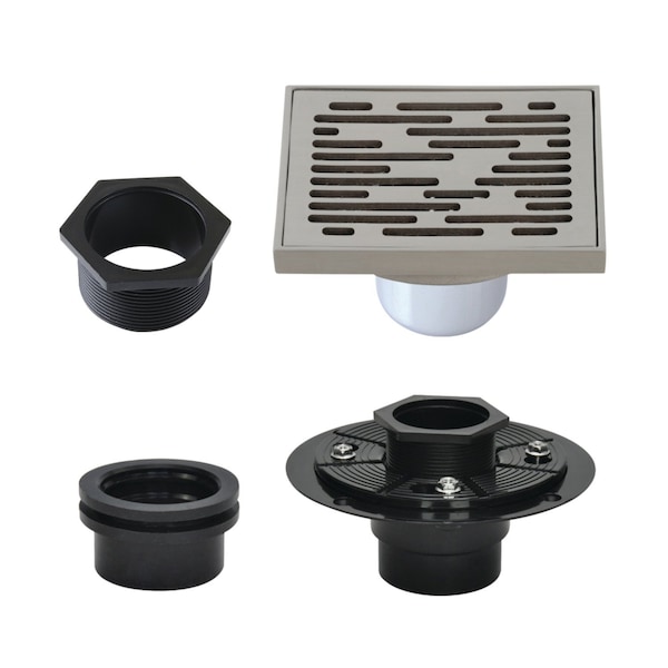 Kingston Brass 4" Brass Square Grid Shower Drain with Hair Strainer and Base Flange, Brushed Nickel BSFK6310BN - main