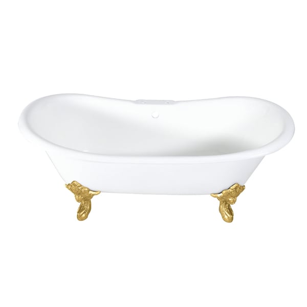 Kingston Brass 72" Cast Iron Oval Double Slipper Clawfoot Tub, 7" Faucet Drillings, White/Brushed Brass VCT7DS7231NL7 - main