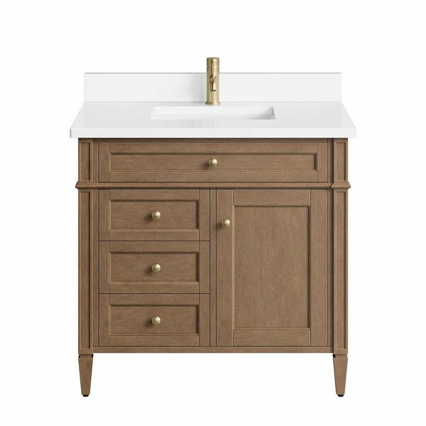 James Martin Vanities Brittany 36" Sgl Vanity, Pecan w/ Sgl Hole 3 CM White Zeus Silestone Top and Matching Backsplash 655-V36-PCN-1WZ - main