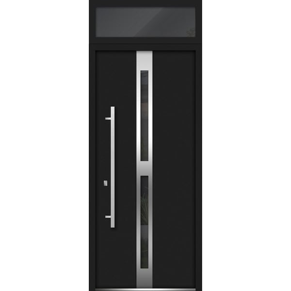 Vdomdoors Steel Door Deux 1755 Black Enamel Transom Window Stainless Inserts Single Modern Painted-W36xH80+16 DEUX1755EXD-BLK-W36 x H80+16-Right-hand Inswing - main