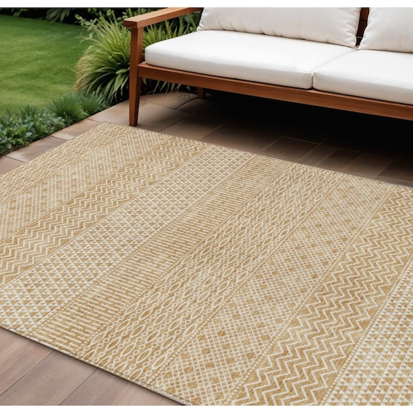 Homeroots 9' X 12' Gold And Ivory Chevron Washable Indoor Outdoor Area Rug 612260 - main