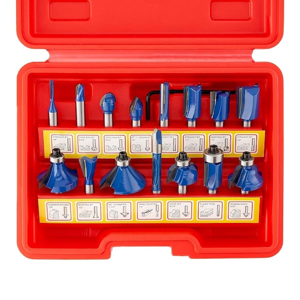 Hiltex Tungsten Carbide Router Bits, 15 Piece Set, 1/4'' Router Bit Shank, Blue 10100 - main