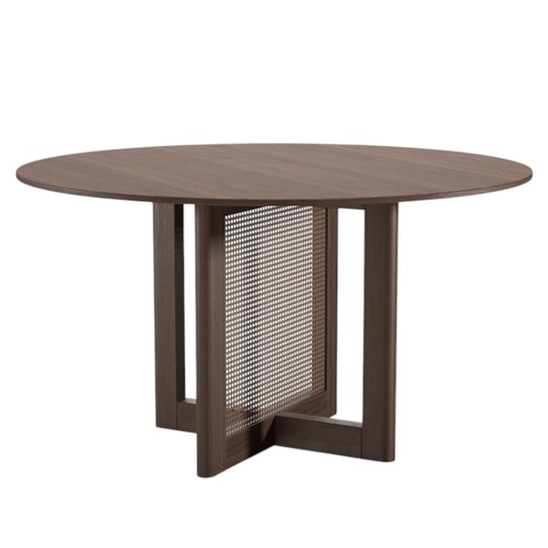 Homeroots 52" Brown Solid Wood and Rattan Cross Leg Base Round Top Dining Table 712198 - main
