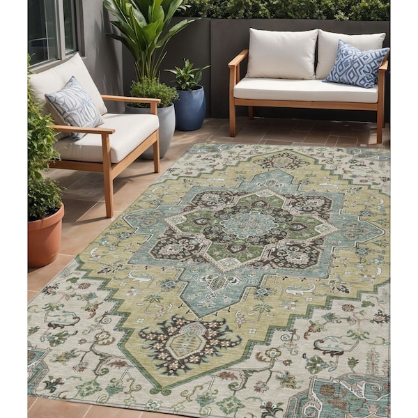 Homeroots 5' X 8' Beige Green And Brown Oriental Washable Indoor Outdoor Area Rug 600133 - main