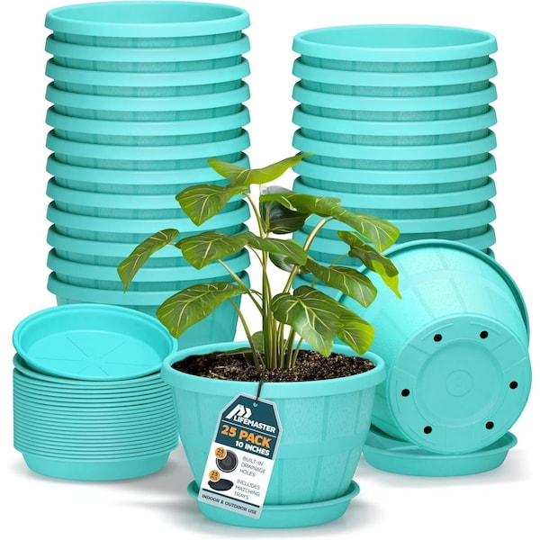 Lifemaster 10-Inch Whiskey Barrel Planters, Durable Plastic Pots with Drainage and Saucer, 25PK LMPBP25SBU - main