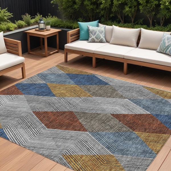 Homeroots 10' X 14' Gray Gold And Blue Argyle Washable Indoor Outdoor Area Rug 613698 - main