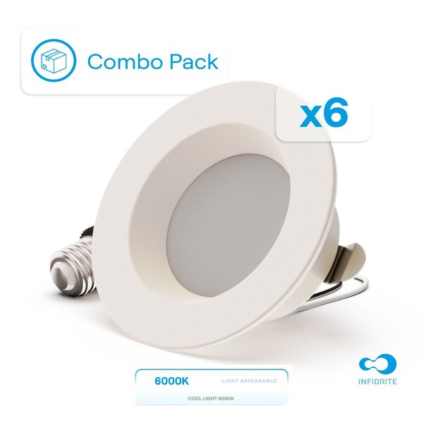 Infibrite 4 In. Retrofit 6000K Clear White LED Recessed Light 9W 750LM, Dimmable, Wet Rated, 6PK IB-005-6-9W-WH-6PK - main
