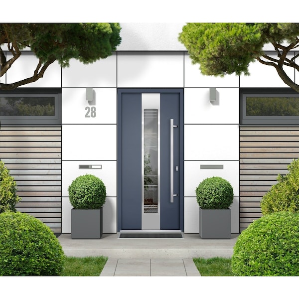 Vdomdoors Steel Door Deux 5755 Gray Graphite Stainless Inserts Single Modern Painted-W36xH80-Left Inswing DEUX5755EXD-GRE-W36 x H80-Left-hand Inswing - main