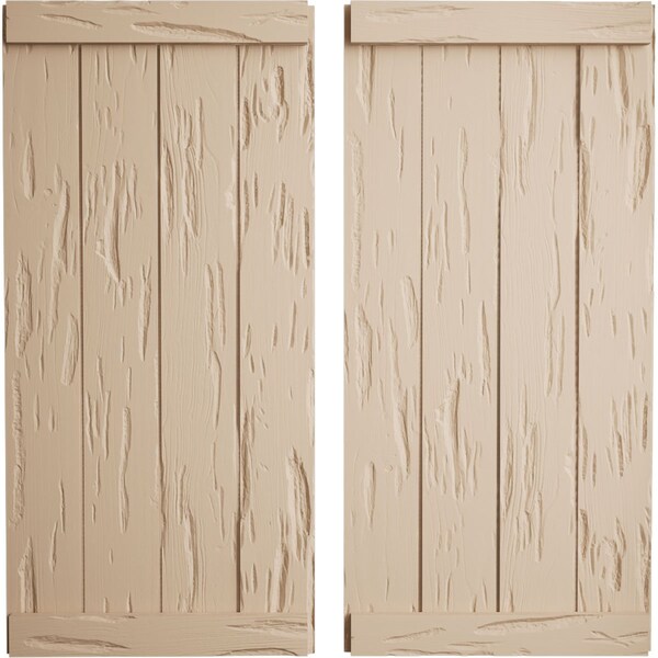 Ekena Millwork Rustic Four Board Joined Board-n-Batten Pecky Cypress Faux Wood Shutters w/End Batten, 22"W x 76"H SHUBJE22X76PCPR - main