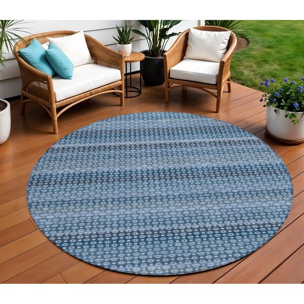Homeroots 8' Denim Blue And Sky Blue Round Striped Washable Indoor Outdoor Area Rug 610584 - main