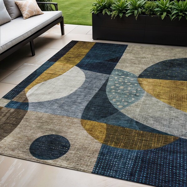 Homeroots 5' X 8' Blue Gold And Gray Abstract Washable Indoor Outdoor Area Rug 604489 - main