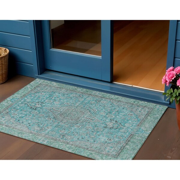 Homeroots 3' X 5' Aqua And Teal Blue Medallion Washable Indoor Outdoor Area Rug 616256 - main