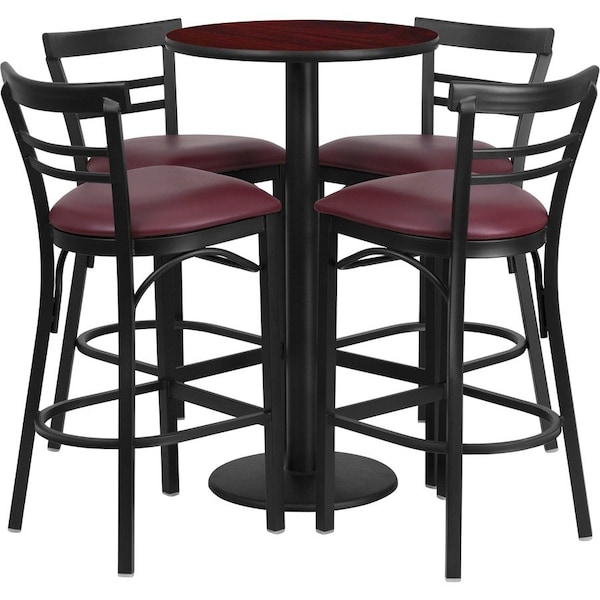 Flash Furniture Round Mahgny Bar Table, Rnd Base, Burg Seats, 24", 24" L, 24" W, 42" H, Laminate Top, Wood Grain RSRB1038-GG - main