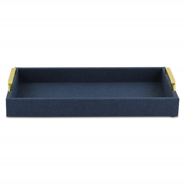 Homeroots Navy Blue Linen and Wooden Tray 401794 - main