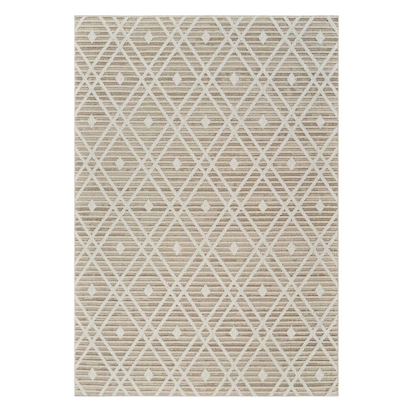 Homeroots 5' X 8' Cream and Brown Geometric Distressed Indoor Outdoor Area Rug 559050 - main