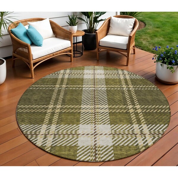 Homeroots 8' Olive Green Gold And Brown Round Plaid Washable Indoor Outdoor Area Rug 596353 - main