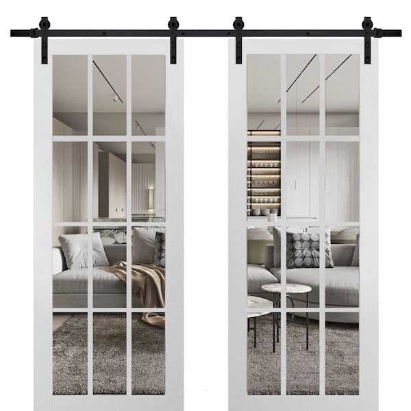 Sartodoors Sturdy Double Barn Door with Clear Glass 12 lites, Felicia 3355 Matte White, 13FT Rail Hangers Hea FELICIA3355DB-WS-6096 - main