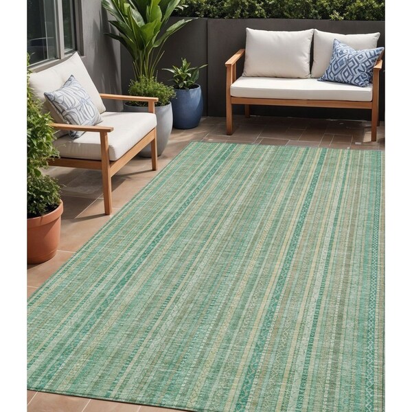 Homeroots 5' X 8' Aqua Beige And Teal Blue Striped Washable Indoor Outdoor Area Rug 616401 - main