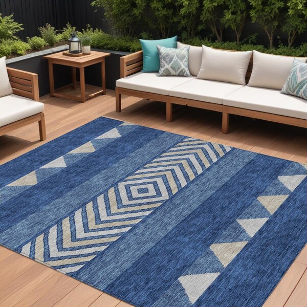 Homeroots 9' X 12' Navy Blue Ivory And Beige Southwestern Washable Indoor Outdoor Area Rug 613931 - main