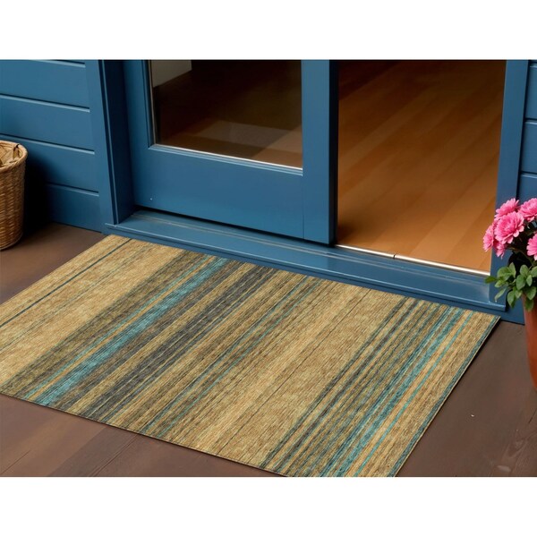 Homeroots 3' X 5' Wheat Brown And Teal Blue Striped Washable Indoor Outdoor Area Rug 614851 - main