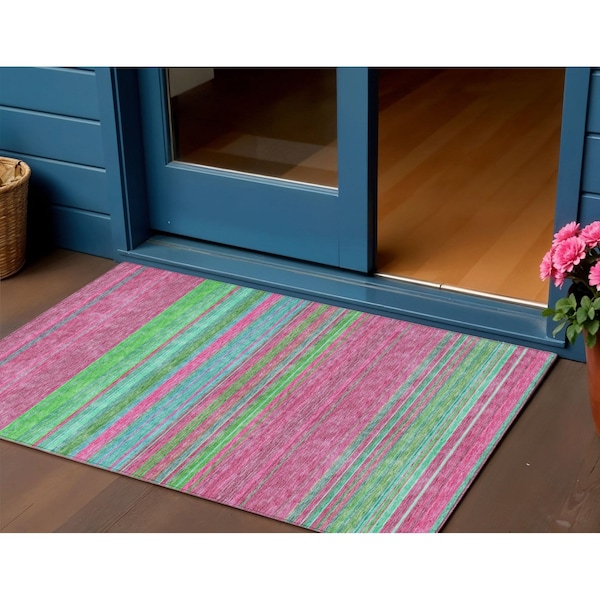 Homeroots 3' X 5' Blush Lime Green And Teal Blue Striped Washable Indoor Outdoor Area Rug 614797 - main