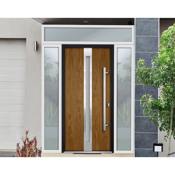 Vdomdoors Steel Door Deux 1744 Natural Oak 2 Sidelight and Transom White Window Stainless Inserts Single Mode DEUX1744EXD-OAKW-W16+36+16xH80+16-LH-O - main