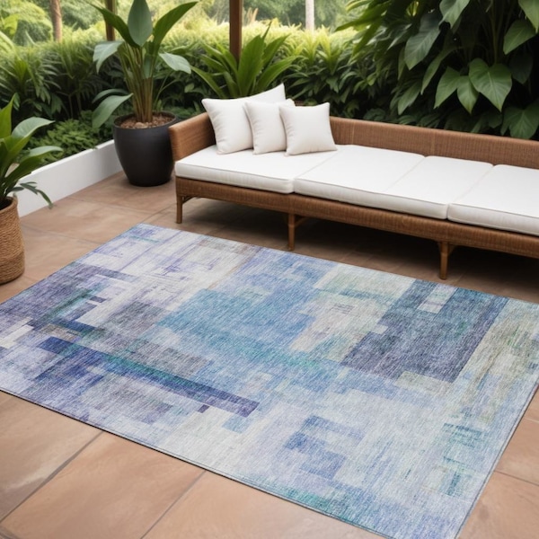 Homeroots 10' X 14' Blue Ivory And Gray Abstract Washable Indoor Outdoor Area Rug 602919 - main