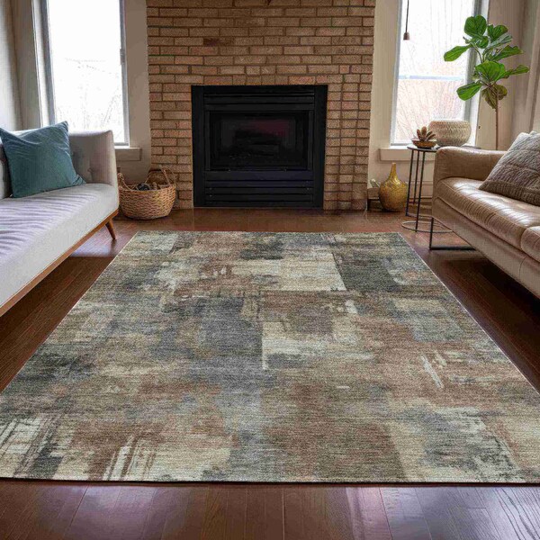 Homeroots 3' X 5' Pewter Khaki And Charcoal Abstract Washable Indoor Outdoor Area Rug 630783 - main