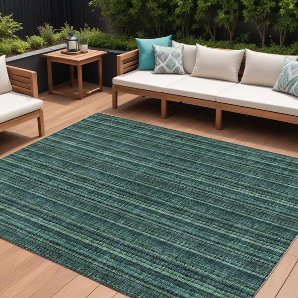 Homeroots 10' X 14' Teal Blue Aqua And Mint Green Striped Washable Indoor Outdoor Area Rug 615094 - main