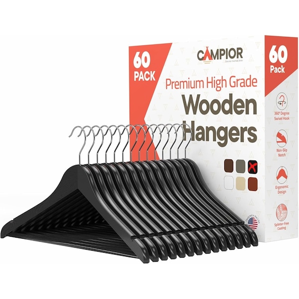 Lifemaster Wooden Clothes Hangers, Durable, Non-Slip, Space-Saving, 360 Deg Swivel Hook, Black, 60PK CMPWH60BK - main